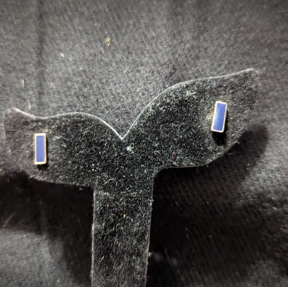 Gold Tone Blue Enamel Rectangular Dainty Delicate Statement Earrings